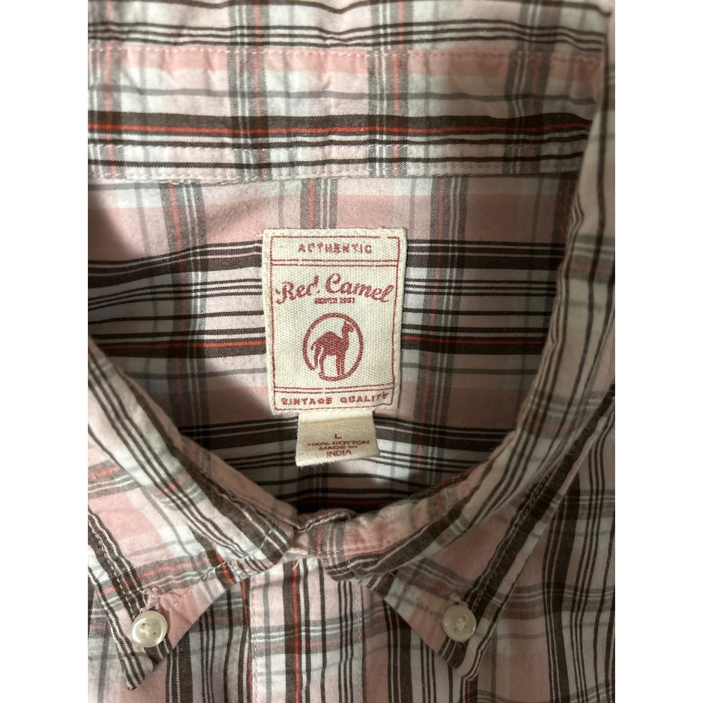 Red Camel Men's Long Sleeve Plaid Button Down‎ Shirt Size L Pink Brown White - Picture 2 of 8
